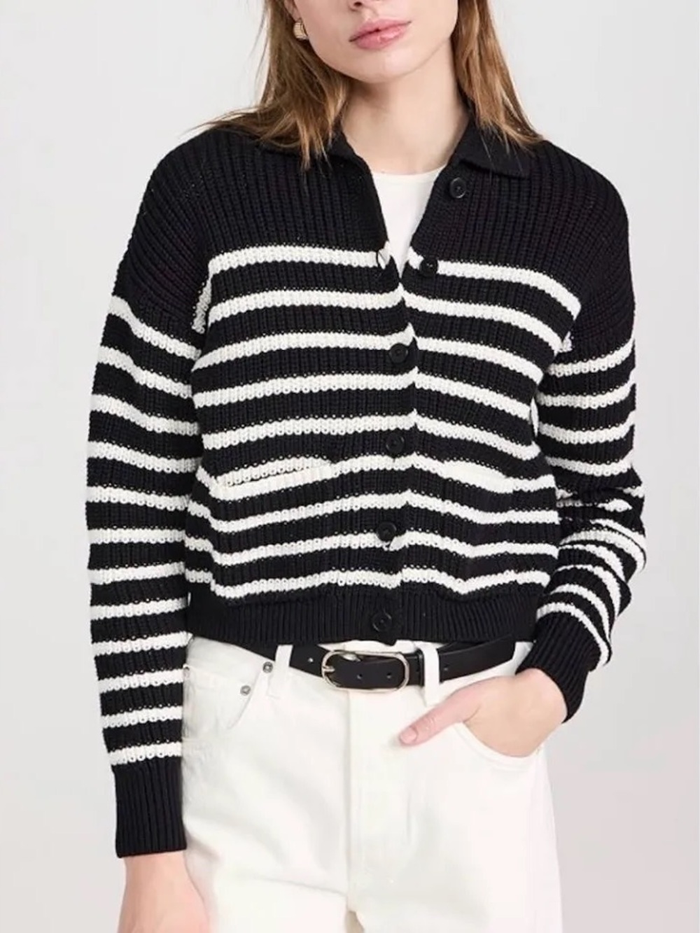 Madewell Black & White Striped Knit Cotton Drop Shoulder Cardigan with Pockets